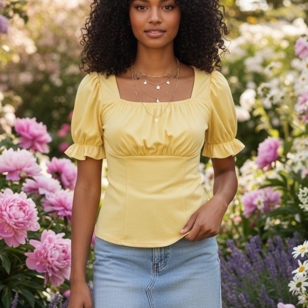Scarlet Darkness Yellow Ruched Blouse Women Small Milkmaid Coquette Victorian